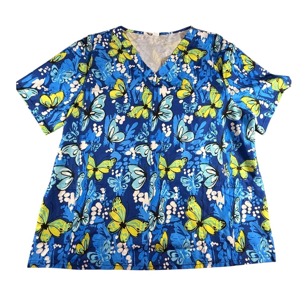 Women's 3XL Butterfly Print Scrub Top Uniform Short Sleeve Blue Yellow White